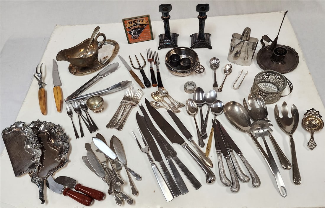 Box Silverplate - Crummer Set, Flask, Candlestick, Flatware, Etc. (1 of 2)