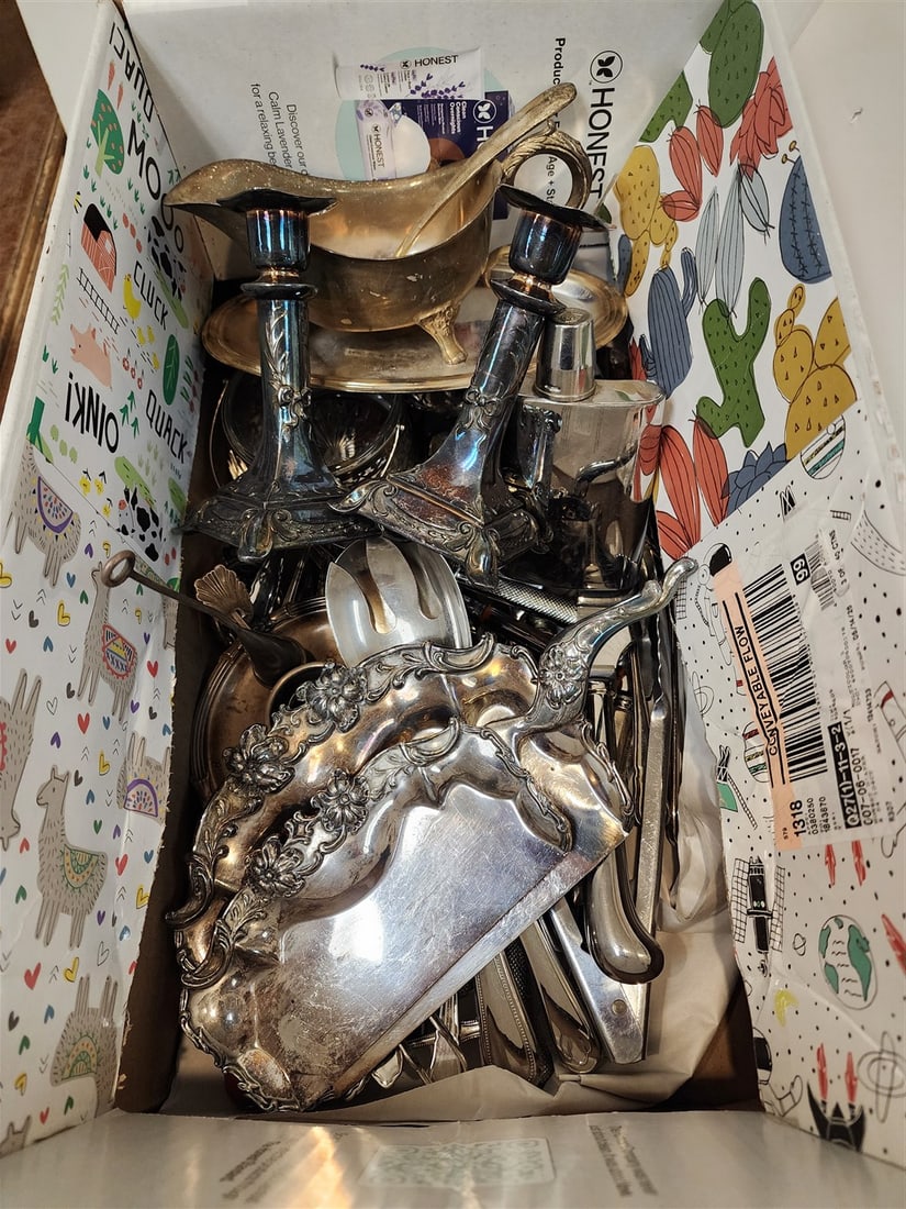 Box Silverplate - Crummer Set, Flask, Candlestick, Flatware, Etc. - 2