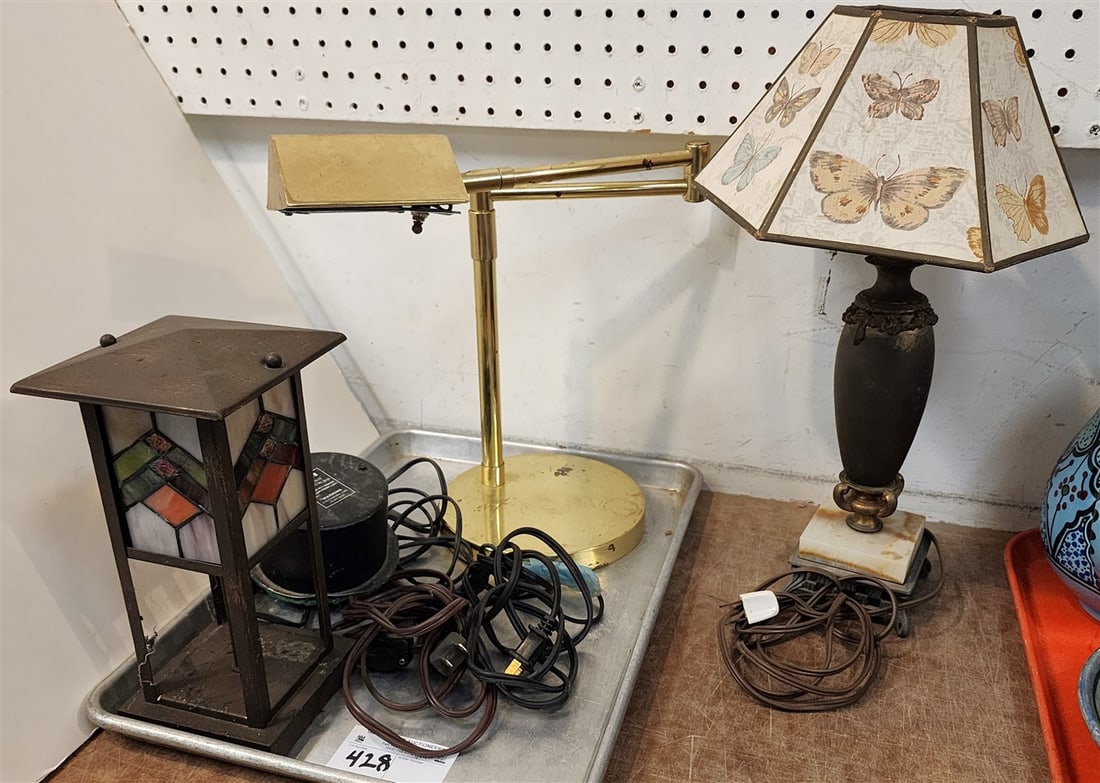 Tray 3 Table Lamps - Brass w/Leaded Glass Panels 9 1/2" H, Brass & Onyx 16 1/2"H + Brass Adjustable: Tray 3 Table Lamps - Brass w/Leaded Glass Panels 9 1/2" H, Brass & Onyx 16 1/2"H + Brass Adjustable 13" H