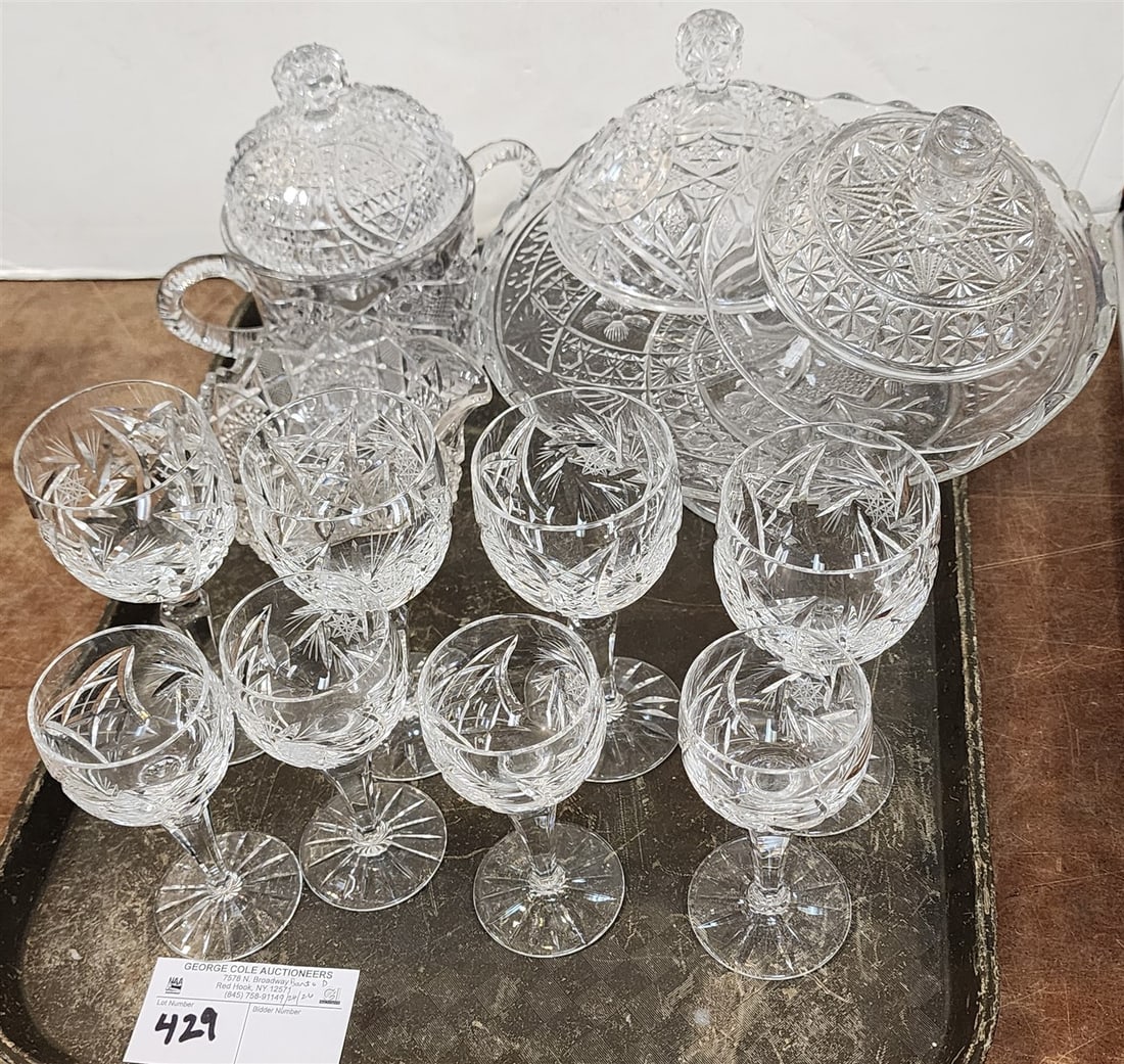 Tray 8 Cut Glass Stemware + Pressed Glass Pcs. (1 of 1)