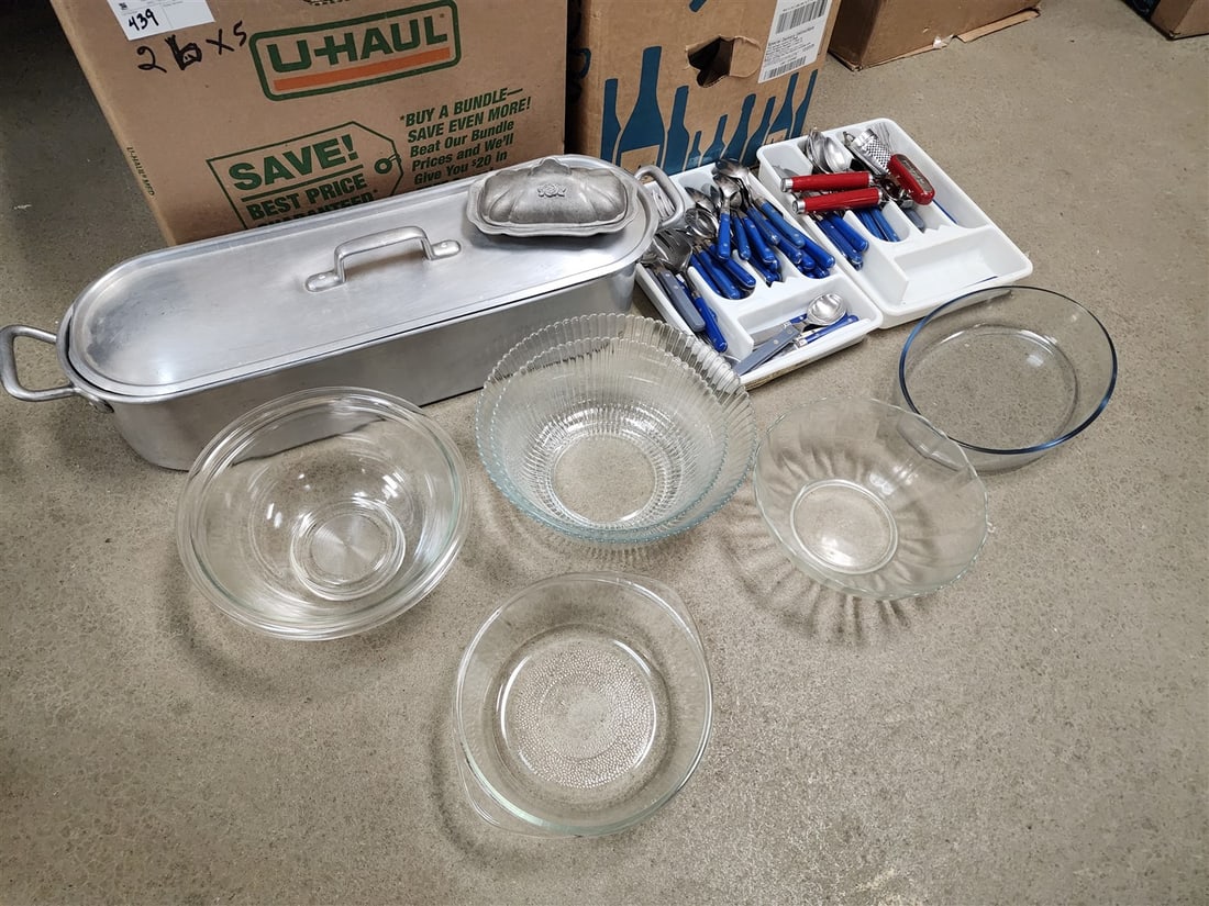Box Cookware Incl. Fish Steamer, Pots, Etc. + 2 Bx's Incl. Flatware, Pyrex Bowls, Etc. (1 of 2)