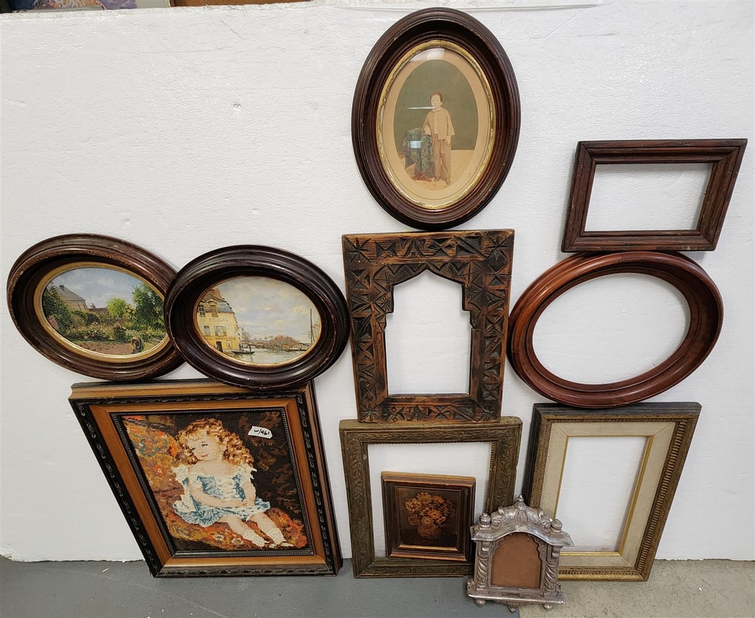 Box Of Frames Incl. Victorian Walnut Ovals, Hand Carved, Etc. + Framed Needlepoint (1 of 4)