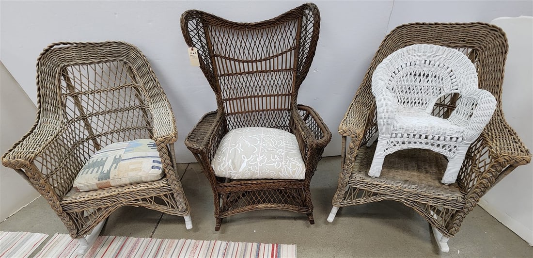 3 Wicker Rockers - Swing Chair 43" H X 30 1/2" W X 21" D + Pr. Armchairs 38" H X 29" W X 21 1/2" D +: 3 Wicker Rockers - Swing Chair 43" H X 30 1/2" W X 21" D + Pr. Armchairs 38" H X 29" W X 21 1/2" D + Childs Chair 22" H X 19" W X 11 1/2" D