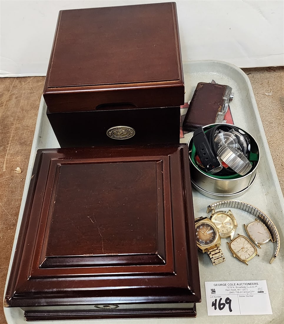 Tray Navigare Necesse Est. Authentic Models Bx;d John Poole Clock 6" H X 7" Sq. + Wrist Watch (1 of 7)