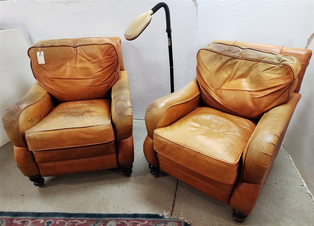 Pr. Leather Upholstered Recliners - 36" H X 32" W X 20" D + Floor Lamp 50": Pr. Leather Upholstered Recliners - 36" H X 32" W X 20" D + Floor Lamp 50"