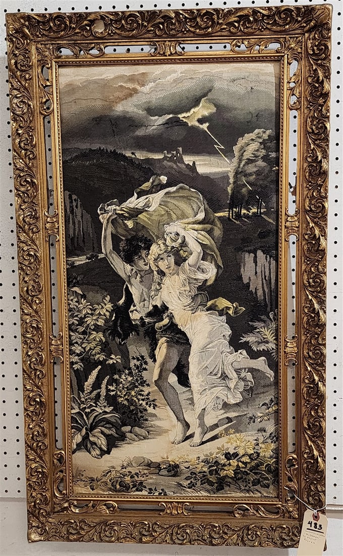 Framed Woven Silk Of The Storm By Neyret Freres 1899 31 1/2" X 15 1/2" w/Frame 38" X 22": Framed Woven Silk Of The Storm By Neyret Freres 1899 31 1/2" X 15 1/2" w/Frame 38" X 22"
