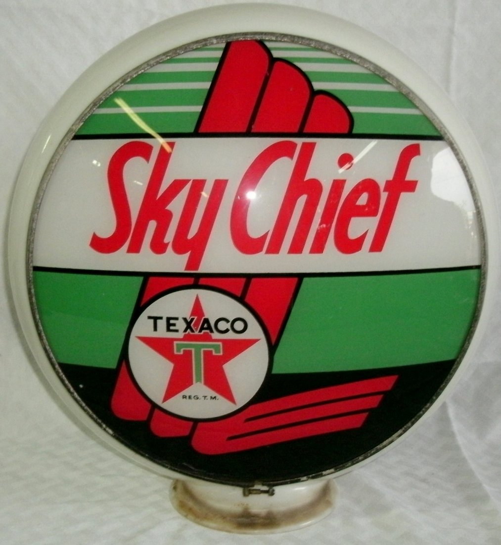 Vintage Glass Texaco Sky Chief Gas Pump Globe / Topper: Vintage / Antique Milk Glass Texaco Sky Chief Gas Pump Globe -painted aluminum bands The globe is all glass - no plasticMEASUREMENTS:16" diameter 14" face diameter