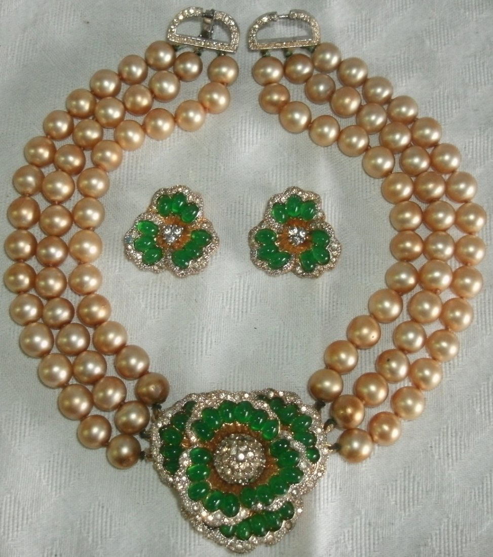 Vintage 1970's "ADOLFO FOR MAZER" Necklace/Earring set: Vintage 1970's Necklace and Earrings set signed / marked "Adlofo for Mazer" - necklace is comprised of triple strand of "pearls" with a "D" shaped clasp on each end, a green and white (clear) "stone"