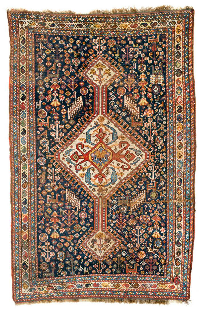 Khamseh: ca. 1900, 208 x 133, South West Persia, Fars Strong signs of age and wear, several old repairs, uniformly low pile, creases, partly new overcasting along of the sides, somewhat reduced finishes. 