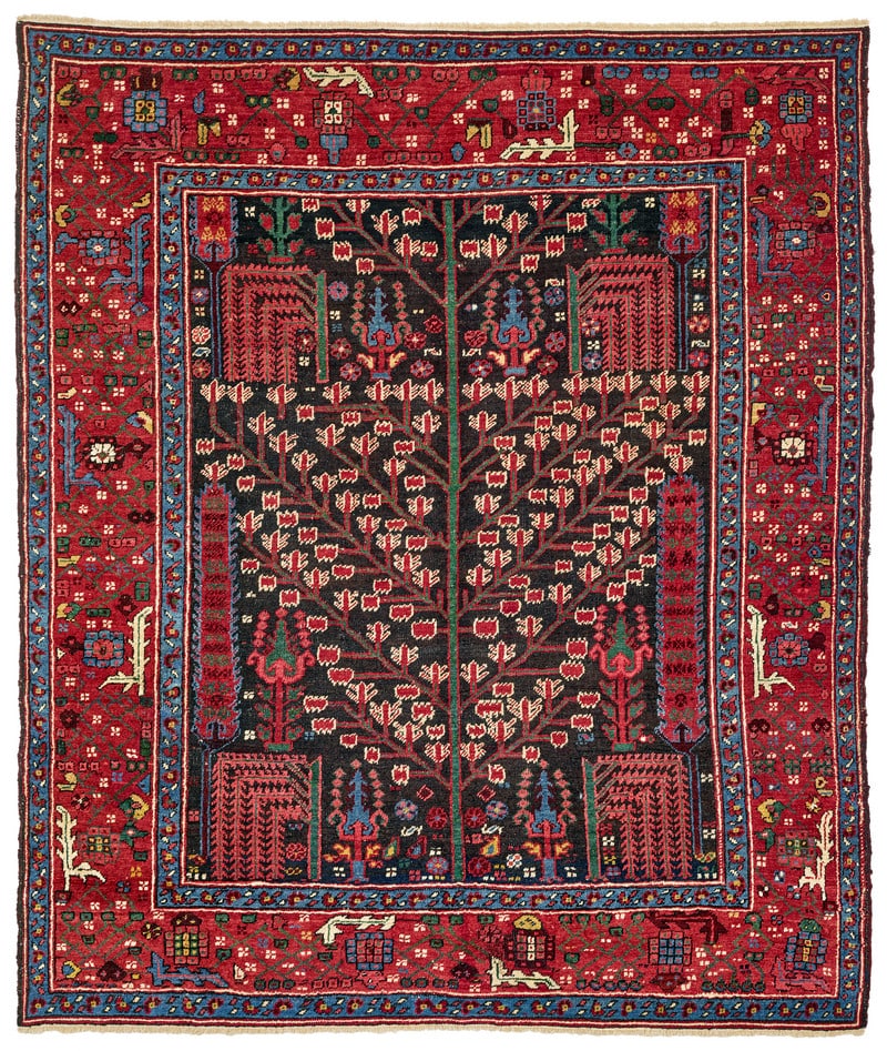Bakhshaish: third quarter 19th century, 157 x 139 cm, North West Persia, Azerbaijan This gorgeous Bakhshaish garden carpet was published by Burns in "Visions of Nature". Ascending in V-shapes, the branches of the