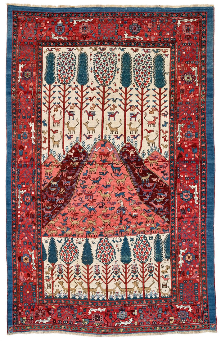 Bakhshaish Landscape Rug: mid 19th century, 268 x 177 cm, North West Persia, Azerbaijan Only a very few Bakhshaish pictorial rugs featuring this memorable landscape design are known. They were obviously always made for home us