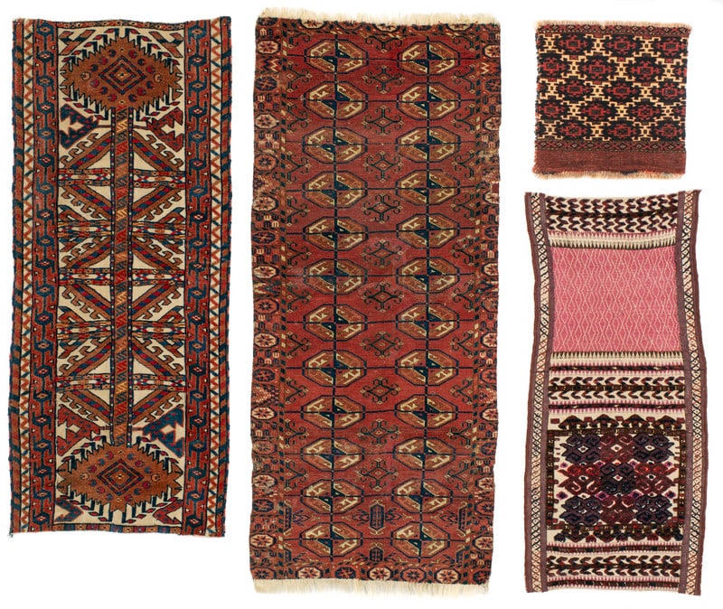 Four fragments: 2 Yomut Tent Bands, Goklan torba, small Tekke Rug (1 of 2)