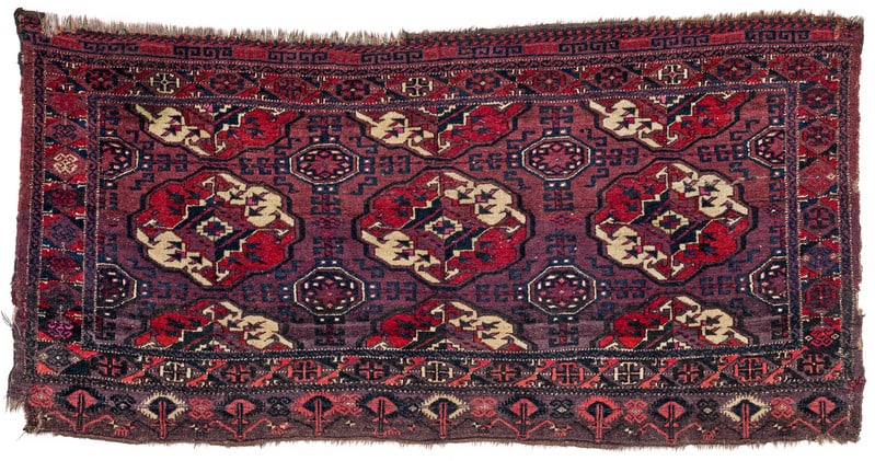 Arabachi Chuval: mid 19th century, 84 x 165 cm, Central Asia, West Turkestan Signs of age and wear in the pile. The lower left corner is missing. Damaged sides. Reduced finishes. SAMMLUNG HCS, exhibition catalogue, "G