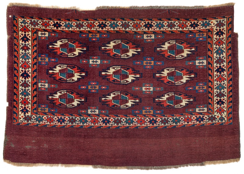 Karadashli Chuval: mid 19th century, 84 x 119 cm, Central Asia, West Turkestan Nine primary guls, charkh palak guls as secondary motifs.