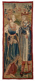 Tapestry - Mary of Burgundy and Emperor Maximilian: late 15th century, 175 x 66 cm, Netherlands, Brussels This fragment of a late Gothic Flemish tapestry shows a young couple. They are standing in a meadow in the foreground, close together and facing o