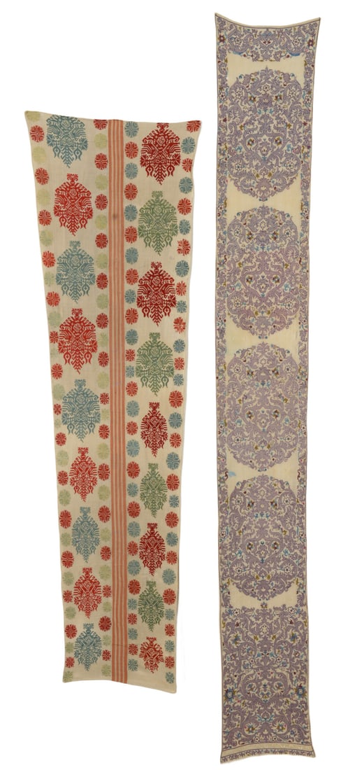 Set of Tanchifa Silk Embroidery (A), Kos Silk Embroidery: 19th century, A = 268 x 34 cm cm B = 208 x 45 cm, A) North Africa, Algeria, B) Greece, Dodekanes