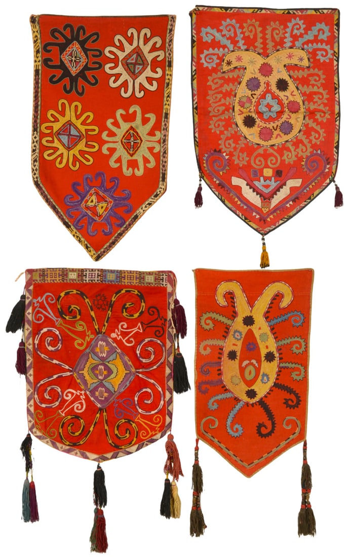 Set of 4 Lakai Silk Embroideries, Uuk Ilgich: late 19th century, diverse, Central Asia, South West Uzbekistan