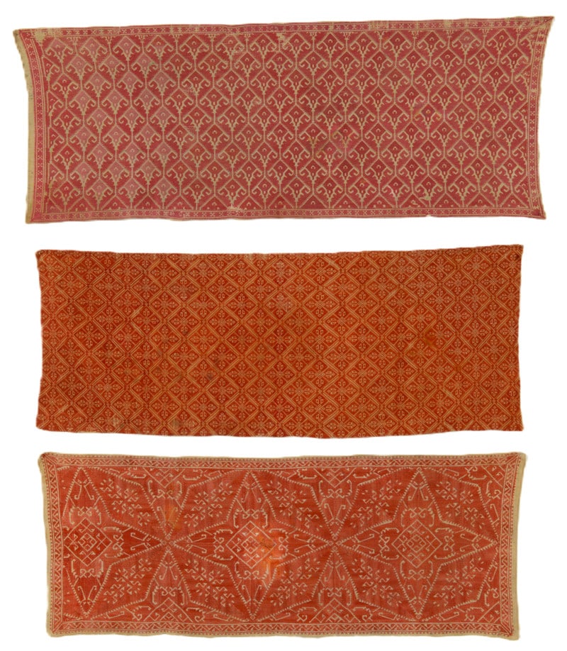 Set of three Greek Silk Embroideries: first half 19th century, A = 40 x 103, B = 44 x 114 cm, C = 40 x 106 cm, Aegean, Cyclades, Naxos