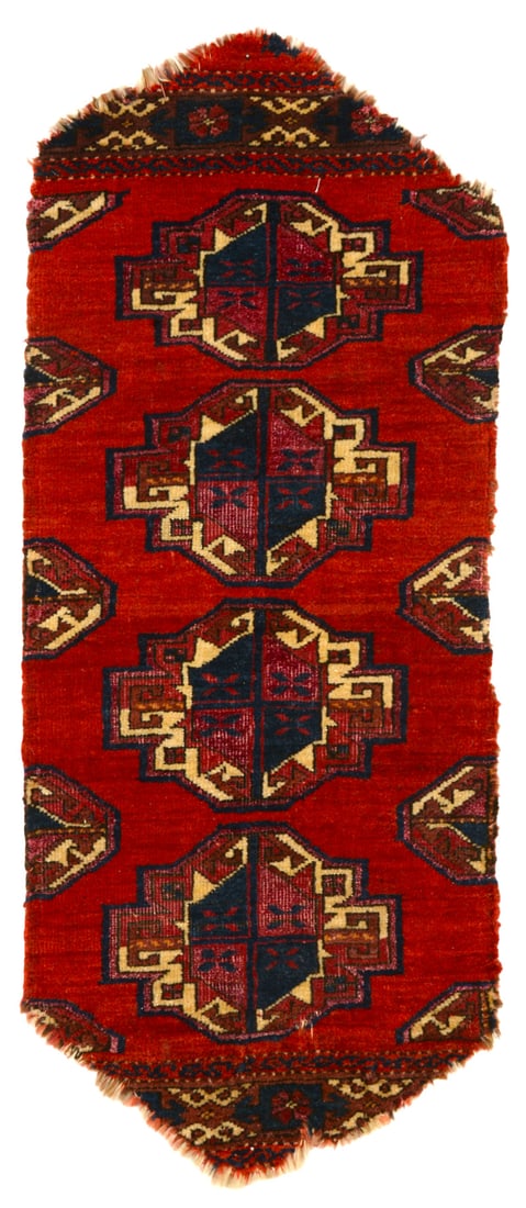 Salor Chuval Fragment: late 18th century, 70 x 29 cm, Central Asia, West Turkestan Former collection of Peter Hoffmeister, Dörfles Esbach TSAREVA, ELENA, Turkmen Carpets. Masterpieces of Steppe Art, from 16th to 19th