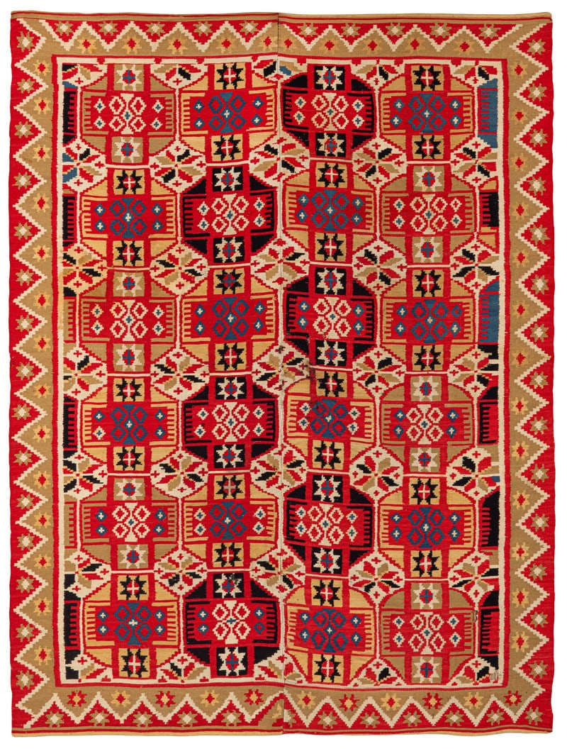 Tacke: ca. 1830, 167 x 126 cm, South Sweden, Skane, Gards District Joined together from two vertical panels, this flatweave in the rollakan technique is a bröllopstäcke, i.e. a bedspread for a bridal