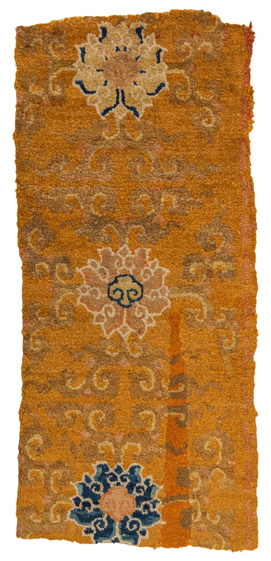 Two Fragments of a Ming Carpet: first quarter 17th century, A = 71 x 26 cm B = 102 x 45 cm, North East China, Beijing Two fragments from the field and border of the world-famous carpet owned by the Empress Dowager Cixi. After the