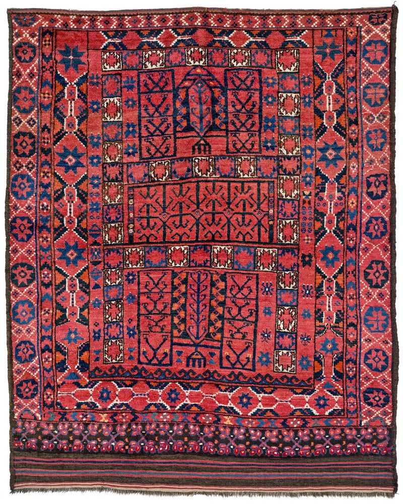 Ersari Ensi: second half 19th century, 169 x 134 cm, Central Asia, middle Amu Darya valley A door rug by an Ersari tribal group woven in light colours, with a very wide border section and a prayer arch in the