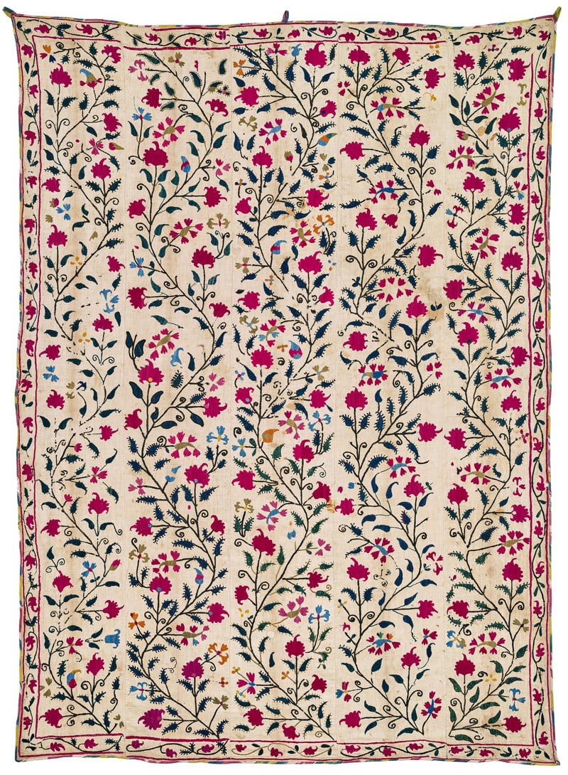 Khujand Suzani: second half 19th century, 225 x 165 cm, Central Asia, North West Uzbekistan A suzani composed of five panels featuring a directional design. Five long thin stems ascend in undulating lines. They bear
