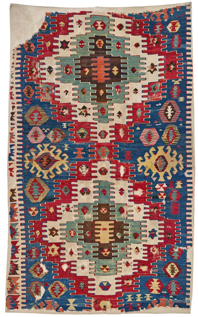Kilim Fragment: first half 19th century, 202 x 126 cm, Central Anatolia, Cappadocia The red field contains two sets of three nested cruciform motifs in brown, light green and white with bold parmakli outlines which