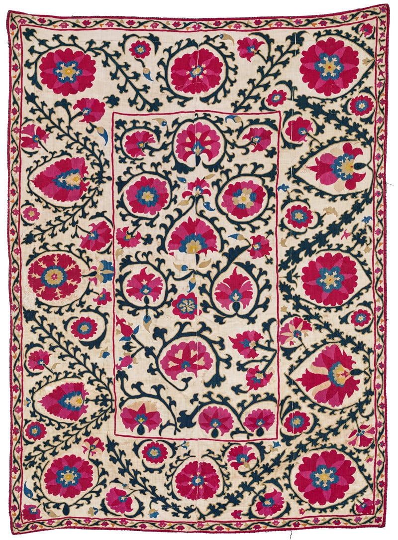 Bokhara Nim Suzani: second half 19th century, 149 x 110 cm, Central Asia, Uzbekistan A nim suzani composed of four panels. Brilliant colours. Stitches used: blossoms and leaves = basma, outlines = yurma, red boundary