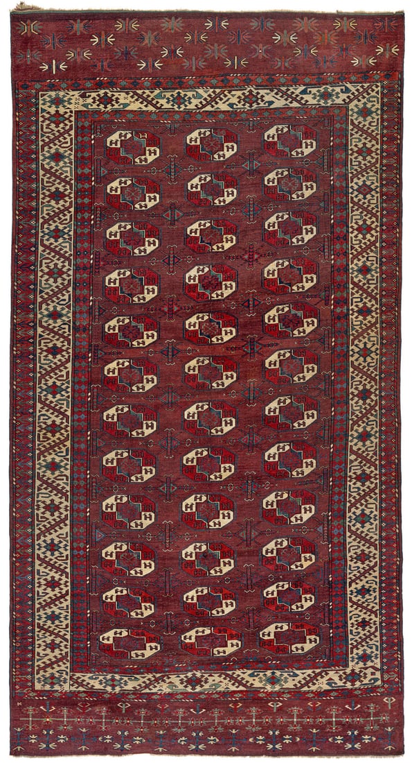 Karadashli Main Carpet: ca. 1800, 331 x 179 cm, Central Asia, West Turkestan The long and narrow format is characteristic of the main carpets woven by the Karadashli. In this example, over 200 years old, the twelve horizonta