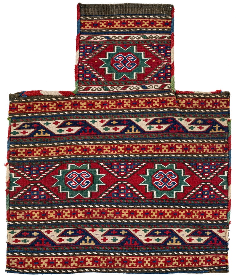 Qarapapakh Salt Bag: late 19th century, 63 x 52 cm, North West Persia, Azerbaijan This rare sumakh salt bag decorated in a horizontal stripe design was woven by a woman of the Qarapapakh tribe. John Wertime has published