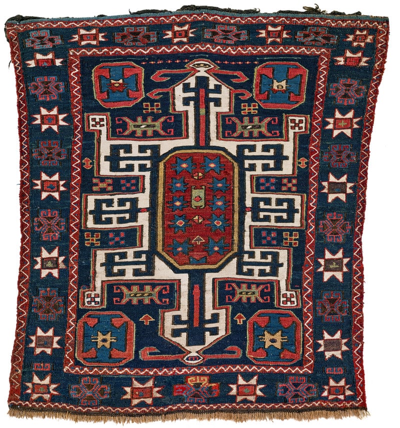 Shahsavan Bag Face: mid 19th century, 59 x 55 cm, South East Caucasus, Moghan-Savalan This finely woven sumakh bag face by the Moghan Shahsavan used to be part of a khorjin. It shows one of the tribe’s archetypal
