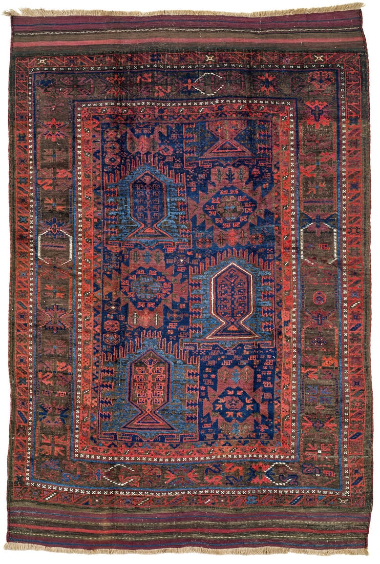 Chakhansur Main Carpet: second half 19th century, 272 x 198 cm, South West Afghanistan, Sistan This large carpet in dark luminous colours was woven for the khan of a Baluch tribal group who lived in the surroundings of the