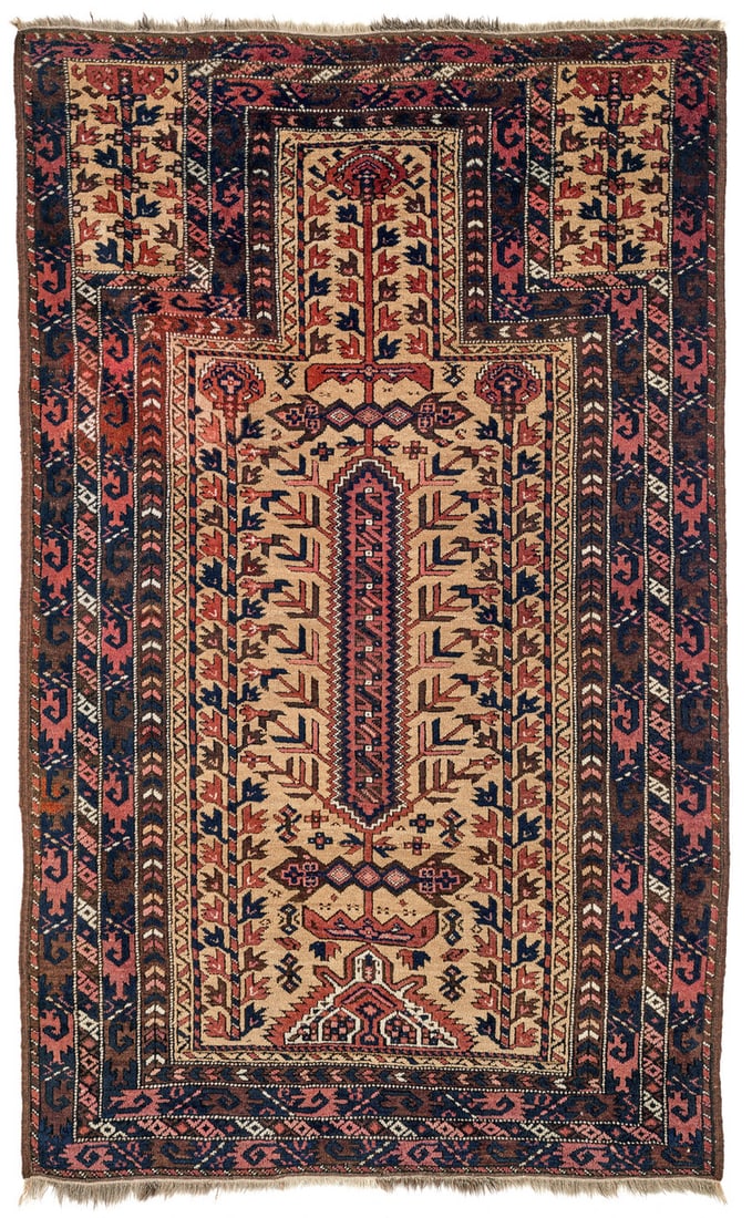 Baluch Prayer Rug: late 19th century, 158 x 94 cm, North East Persia, Khorasan The shape of the mihrab field, with borders recessed at right angles at the top and a boxy arch, is highly characteristic of Baluch prayer