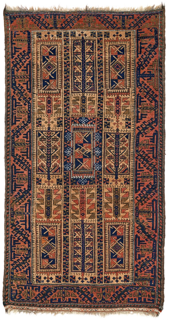 Baluch Prayer Rug: late 19th century, 200 x 108 cm, North East Persia, Khorasan Highly abstracted geometrical tree forms, either free-standing or enclosed within rectangular surrounds, are arranged in three vertical