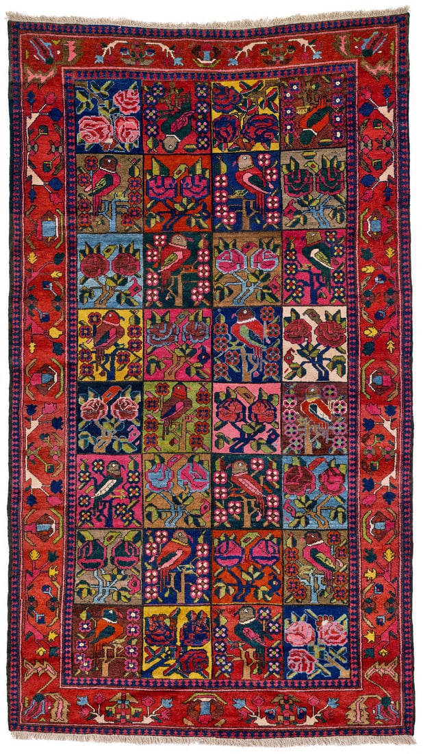 Bakhtiari: second quarter 20th century, 276 x 161 cm, Western Central Persia, Chahar Mahal The chequerboard-style field design consists of 24 squares in varying ground colours. Each horizontal row includes two