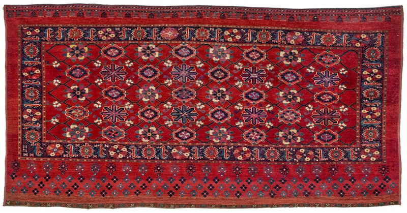 Beshir Chuval: mid 19th century, 111 x 212 cm, Central Asia, middle Amu Darya valley This Beshir chuval presents a mina khani field design and a border of rosettes and serrated leaves that is typical of the