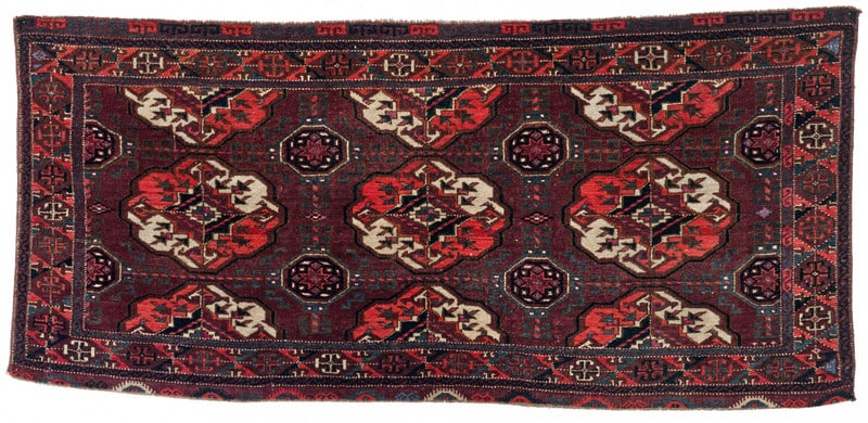 Arabachi Chuval: mid 19th century, 72 x 153 cm, Central Asia, West Turkestan This large Arabachi chuval shows three complete primary motifs and six that are cut, and thus halved, by the horizontal borders. The
