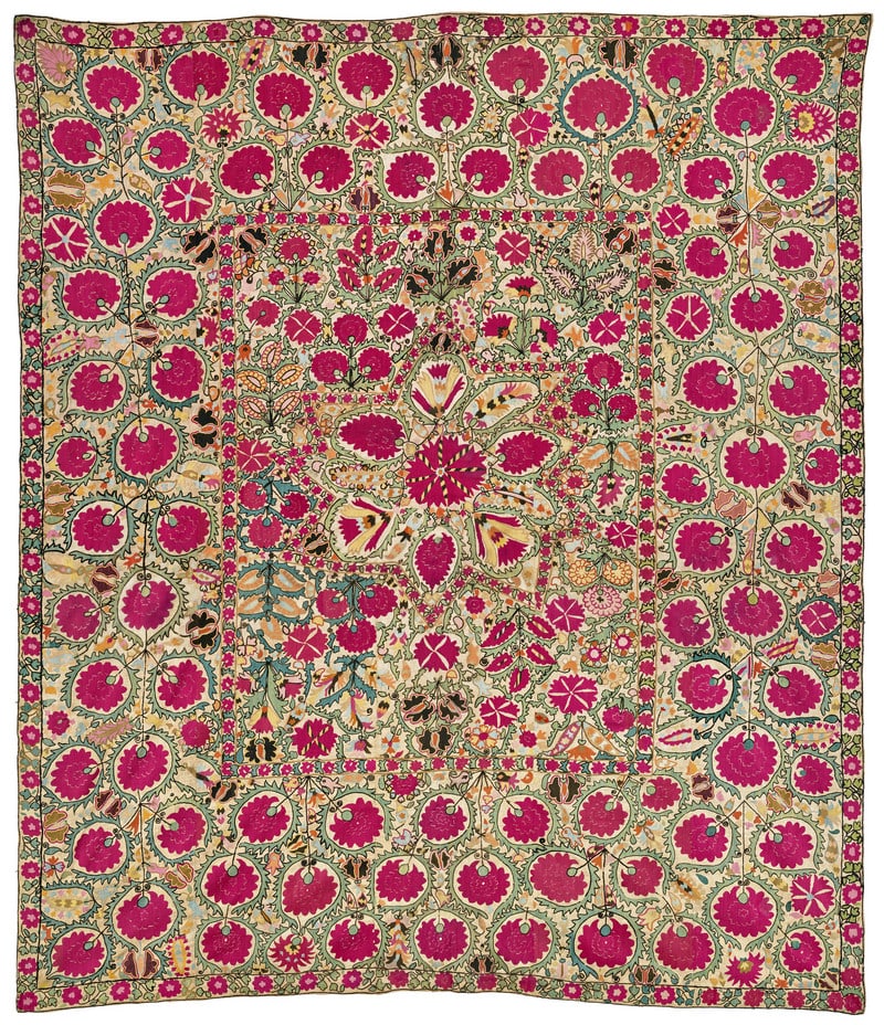 Ura Tube Suzani: mid 19th century, 210 x 182 cm, North East Uzbekistan Composed of five panels, this nearly square suzani was made in Ura Tube, a city in the former Khanate of Kokand situated at the entrance of the