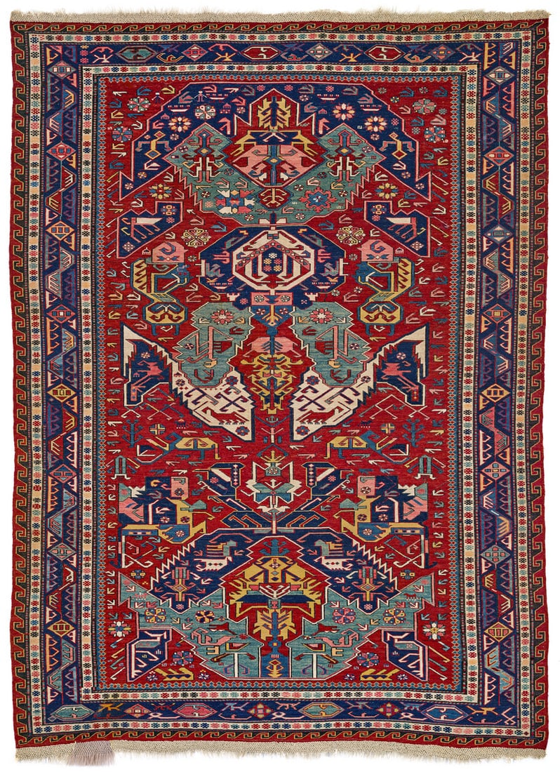 Dragon Sumakh: second half 19th century, 224 x 164 cm, East Caucasus, Kuba Pile rugs depicting dragon figures were woven in the Caucasian khanates from as early as the 16th century and have survived in considerable