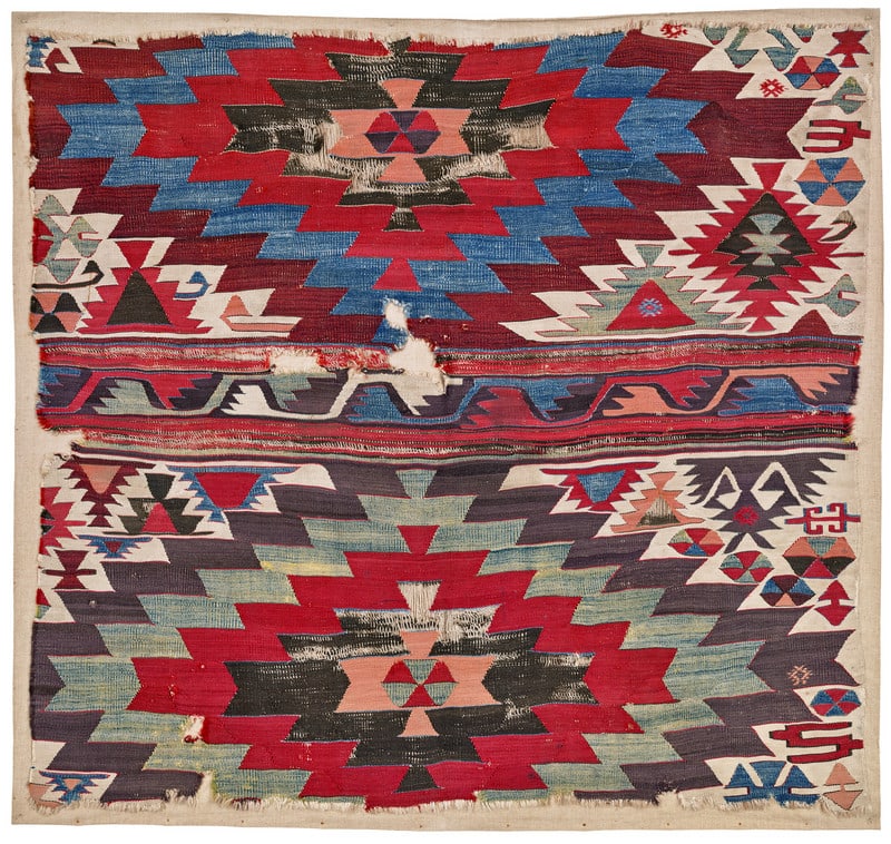 Karapinar Kilim Fragment: first half 19th century, 141 x 149 cm, Central Anatolia, Konya A fragment of a large single-panel kilim presenting a design typical of the region – wide horizontal stripes comprising bold nested