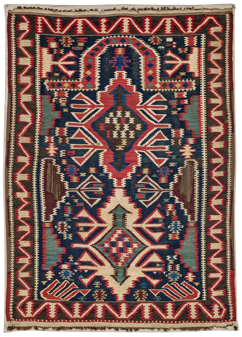 Kuba Prayer Kilim: second half 19th century, 152 x 107 cm, East Caucasus Kuba kilims presenting highly abstracted, geometric shield palmettes were almost always woven in large formats. This small prayer kilim with a