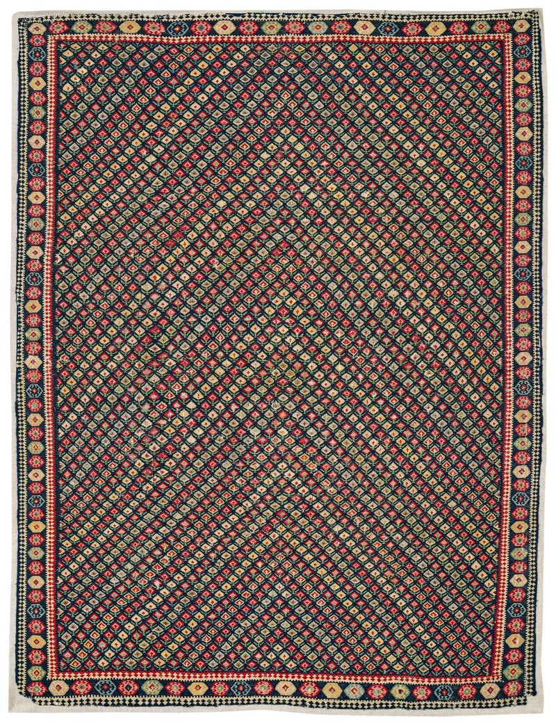 Sehna Kilim: first half 19th century, 157 x 123 cm, North West Persia A precious Sehna kilim, very finely woven in a minutely drawn design. These elegant textiles reflected the taste of the Qajar period and were