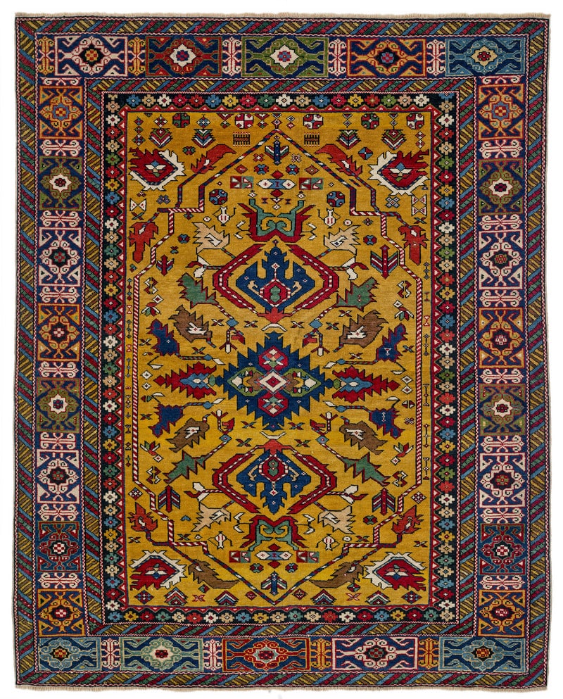 Perepedil: second half 19th century, 140 x 113 cm, East Caucasus, Kuba This very rare yellow-ground Perepedil was published by Engelhardt as early as 1990. The intensity of its luminous colours and its perfectio