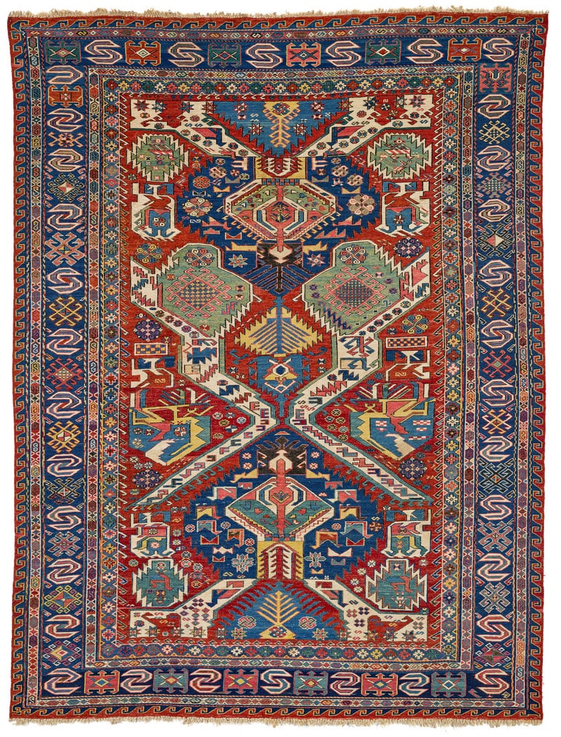 Dragon Sumakh: second half 19th century, 196 x 152 cm, East Caucasus, Kuba The memorable design of dragon sumakhs with their sprawling forms derives from historic models produced in the workshops of the southern Cau