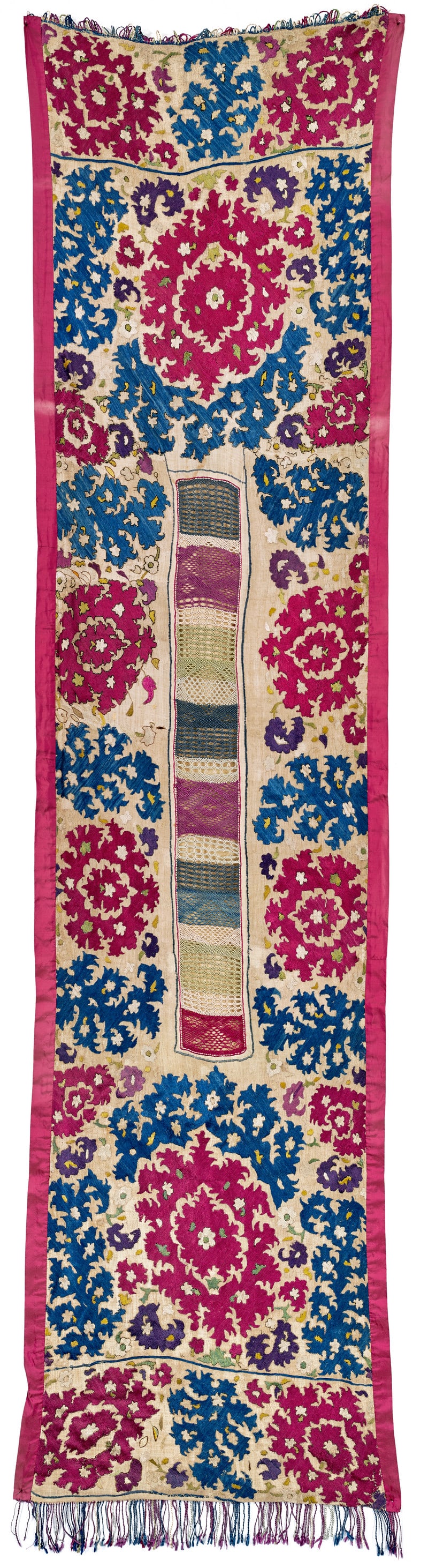Tanchifa Silk Embroidery: 19th century, 196 x 49 cm, North Africa, Algeria A complete silk embroidery finished with a horizontal stripe at both ends. At the centre of the field, a narrow elongated band contains mesh-like