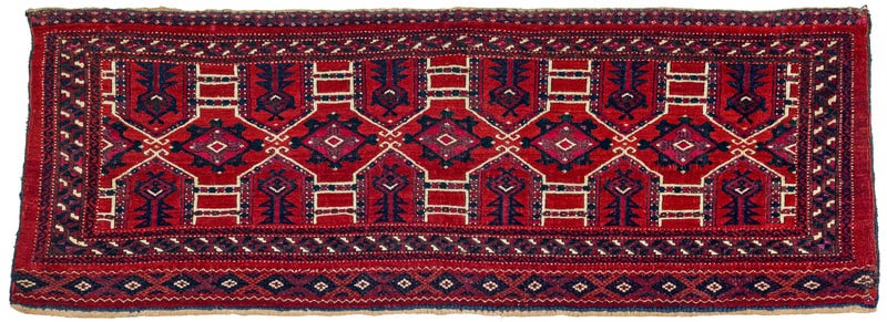 Salor Torba: first half 19th century, 51 x 142 cm, Central Asia, West Turkestan This early Salor bag face woven in the torba format in the kejebe design is almost identical to a torba from the Hoffmeister