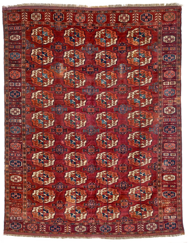 Tekke Main Carpet: mid 19th century, 243 x 191 cm, Central Asia, West Turkestan This Tekke main carpet in brilliant light colours and with velvety pile wool was probably woven in the Akhal oasis. The primary design