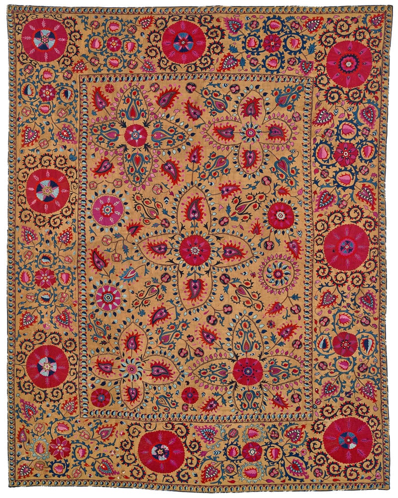 Lakai Suzani: mid 19th century, 248 x 197 cm, Central Asia, South West Uzbekistan "Lakai" has become the established term for suzanis which display the particular qualities in ornamentation, colour and style