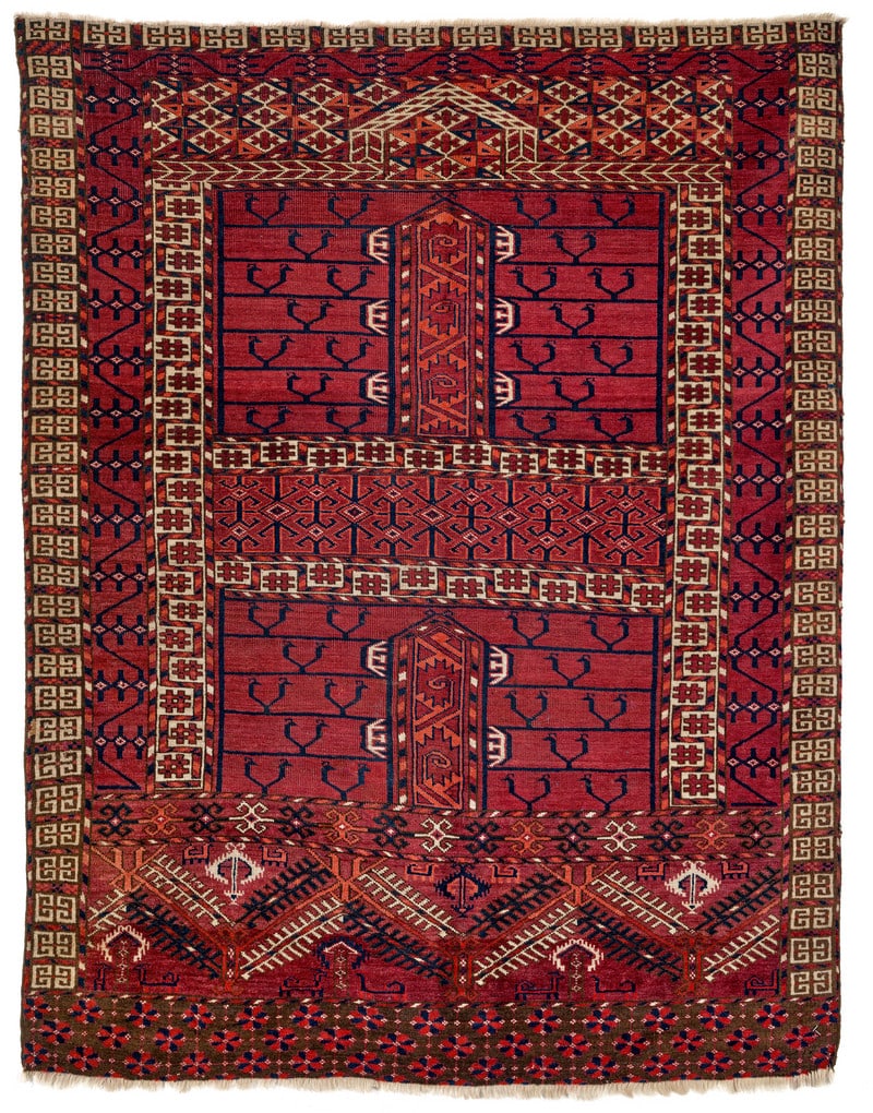 Tekke Ensi: mid 19th century, 148 x 115 cm, Central Asia, West Turkestan This Tekke ensi featuring an animal-tree elem, a hachlu cross design, insi kush abstract birds in the four segments of the field and a